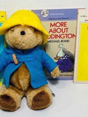 VNTG PADDINGTON BEAR Books + Plushy Lot: 9" Plush 1981 + 3 SC Books Michael Bond